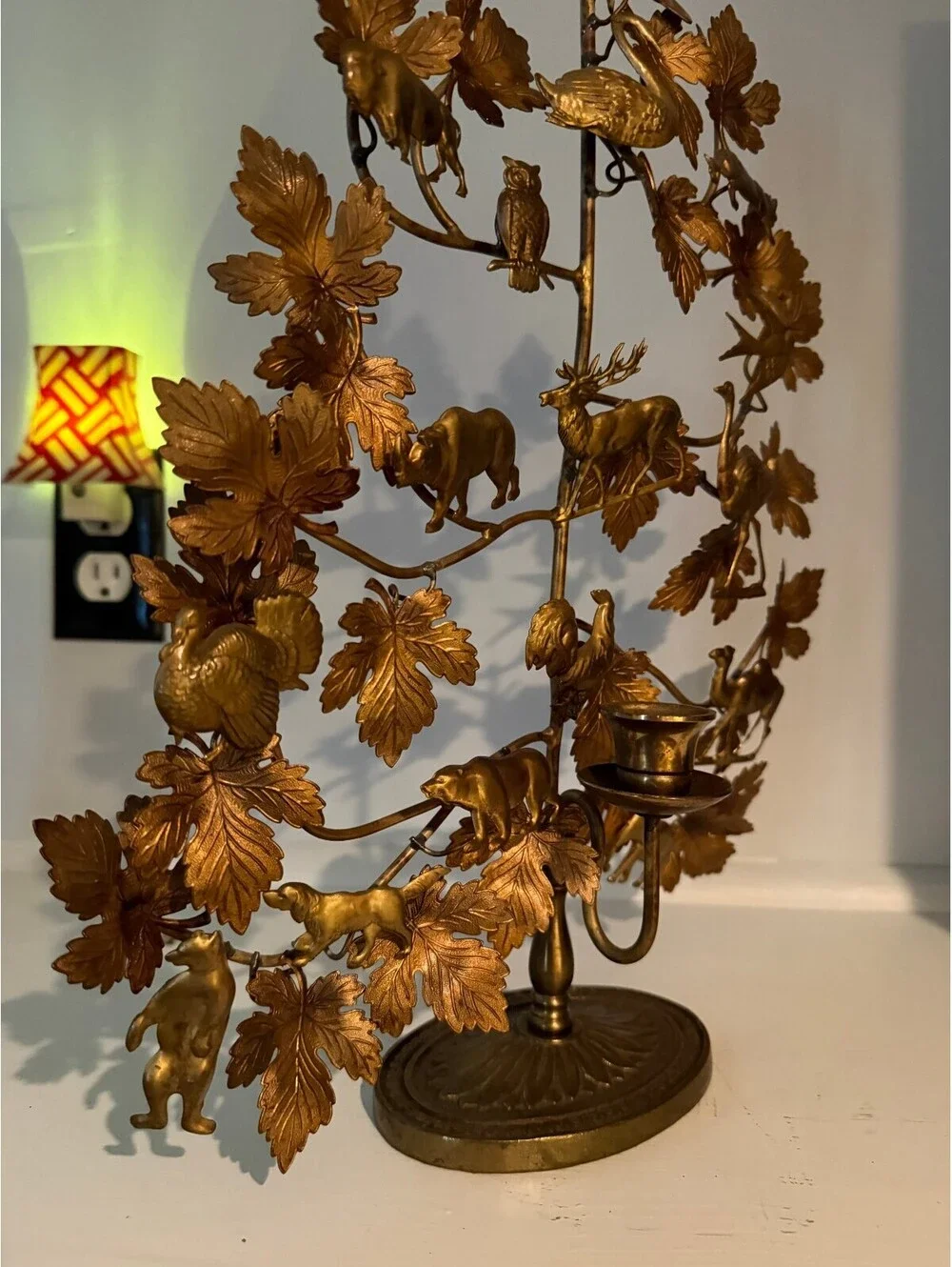 Vintage Brass Tree of Life Animals Birds Candle Holder Sculpture Large Ornate